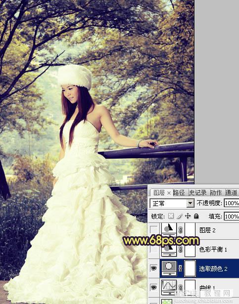Photoshop将树林美女婚片调制成梦幻的黄蓝色17