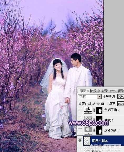 Photoshop将桃林婚片调成艳丽的紫红色24