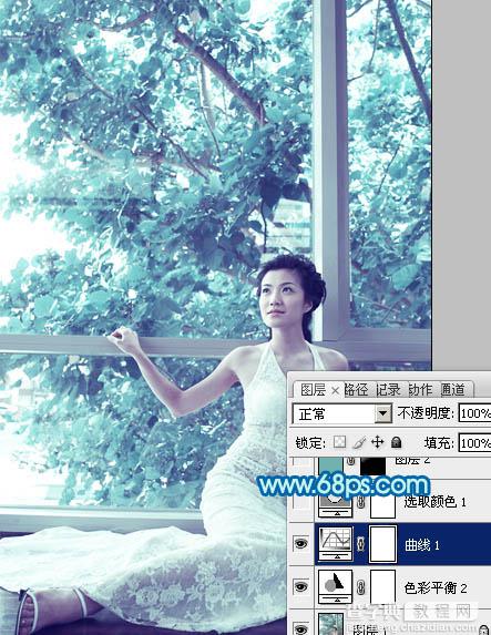 Photoshop为窗户边上的美女图片调制出梦幻的青绿色10