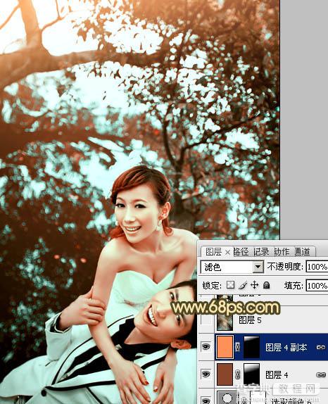 Photoshop将树林婚片打造出经典暗调青黄色效果32