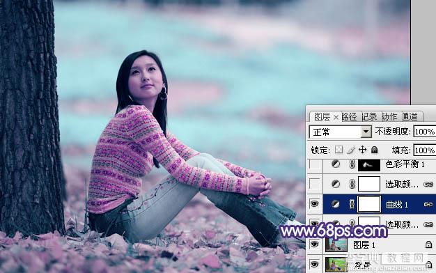 Photoshop为草地上的人物图片增加上梦幻的青紫色12