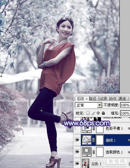 Photoshop将外景美女调制出有冬天特色的淡雅的淡蓝色11