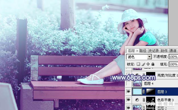 Photoshop将公园美女图片调制出梦幻唯美的淡调青紫色37