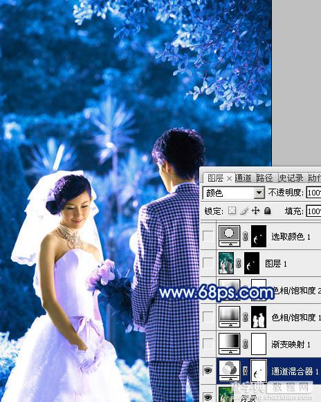 Photoshop将树林婚片调成梦幻的纯蓝色4