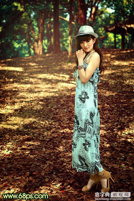 Photoshop将树林美女图片调成柔和的暗调红青色2