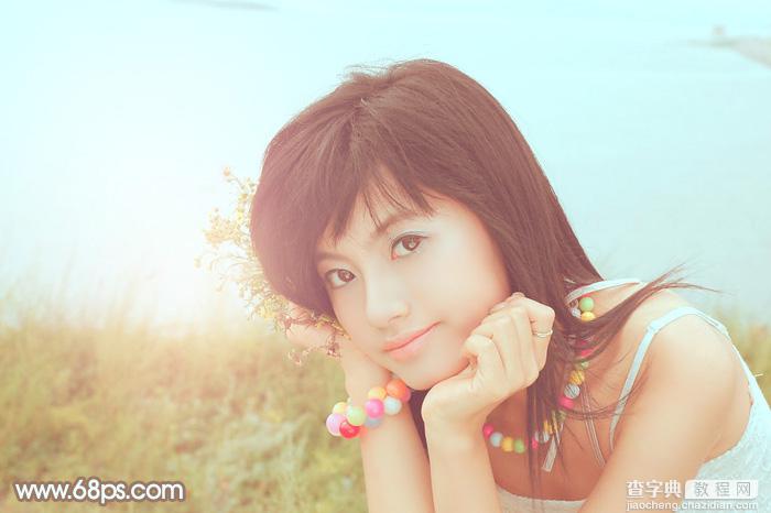 Photoshop为河边美女图片加上柔和的韩系淡橙色效果2