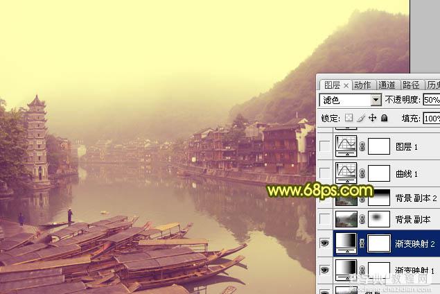 Photoshop为江畔小镇添加绚丽的朝霞色6