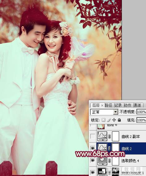 Photoshop将树林婚片调成甜美的粉褐色30