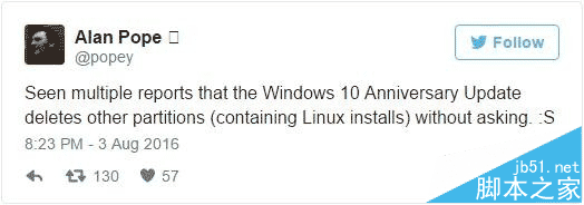升级win10一周年更新会导致误删Linux分区2