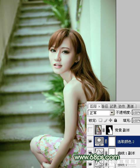 Photoshop将楼梯边美女图片调制出甜美的青绿色效果14