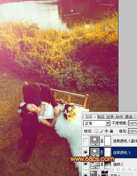 Photoshop为池塘边情侣图片增加上温暖的霞光色效果29