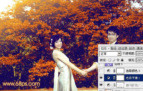 Photosho将树林情侣图片调成灿烂的橙红28