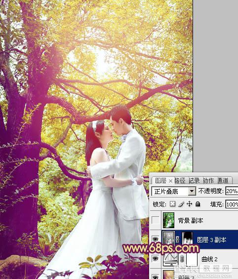 Photoshop将树林婚片增加上柔美的黄紫色效果29