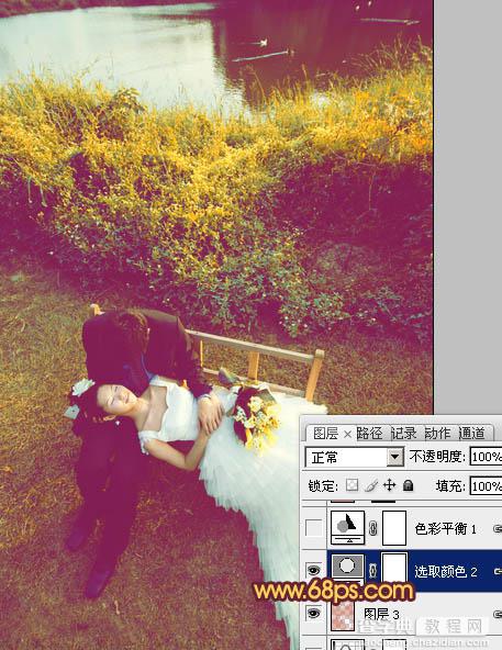 Photoshop为池塘边情侣图片增加上温暖的霞光色效果16