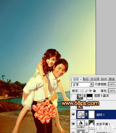 Photoshop将蓝色海景婚片调制成漂亮的晚霞阳光效果26