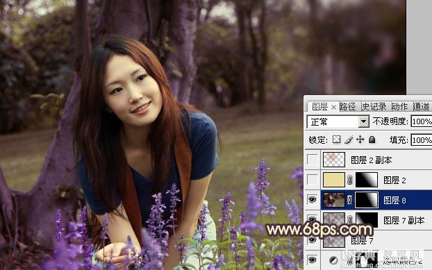 Photoshop将树林美女图片调成温馨的黄紫色18