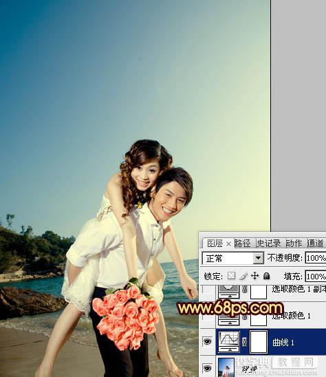 Photoshop将蓝色海景婚片调制成漂亮的晚霞阳光效果4