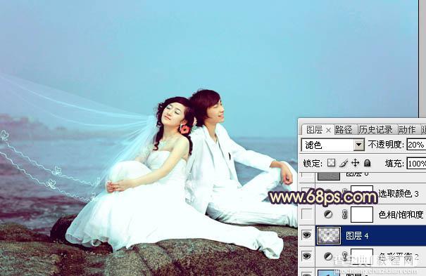 Photoshop将蓝色海景婚片调制出淡雅的青紫色效果24