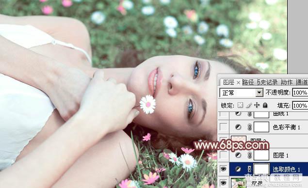 Photoshop将草地美女图片调制出流行的欧美粉褐色效果7