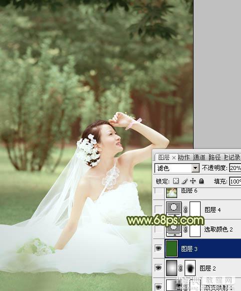Photoshop将外景婚片调成淡淡的黄绿甜美色17