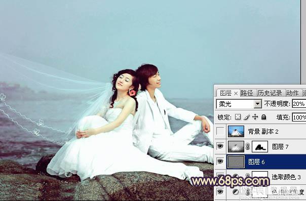 Photoshop将蓝色海景婚片调制出淡雅的青紫色效果30