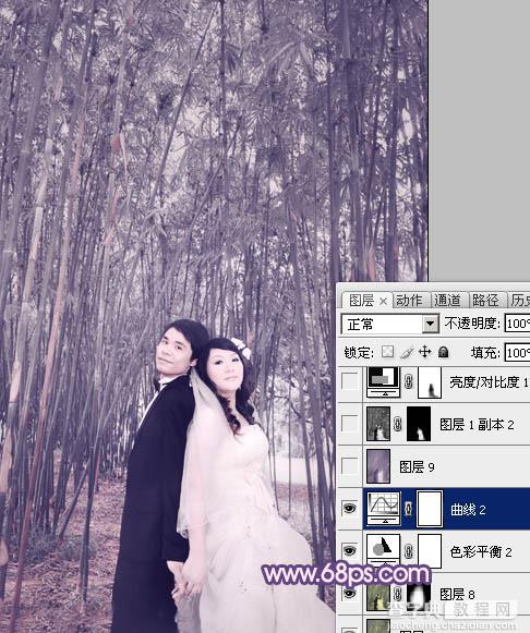 Photoshop将竹林人物图片调成柔和的蓝紫色30