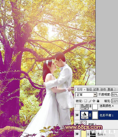 Photoshop将树林婚片增加上柔美的黄紫色效果19