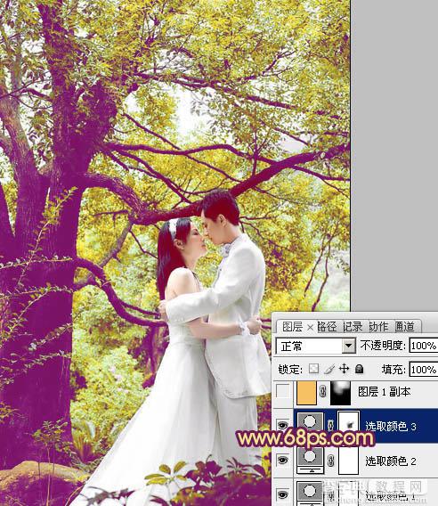 Photoshop将树林婚片增加上柔美的黄紫色效果13