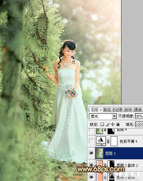 Photoshop将树林美女图片调制出甜美的粉绿色效果34