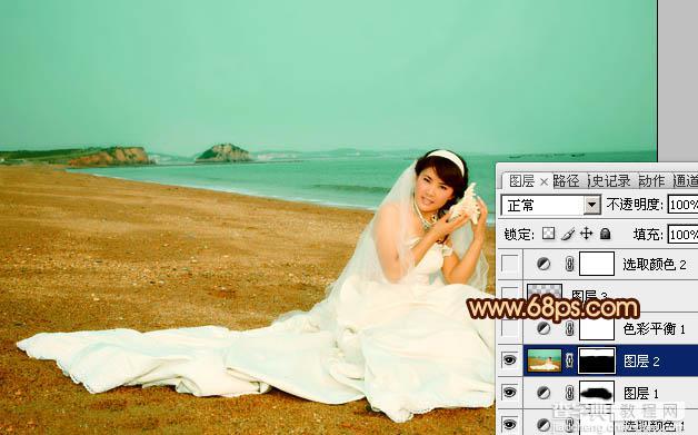 Photoshop将沙滩美女婚片调制出柔美的青黄色效果15