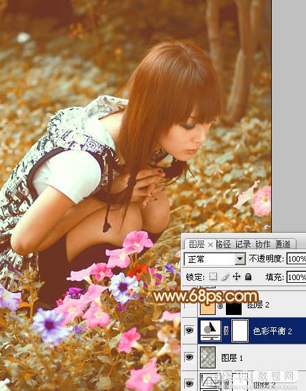Photoshop为蹲在草地看花的美女图片增加上柔和的黄褐阳光色效果32
