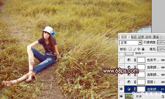Photoshop将绿色外景人物图片调成柔和的橙黄色7