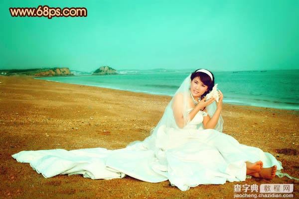 Photoshop将沙滩美女婚片调制出柔美的青黄色效果28