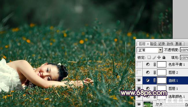 Photoshop 为草地人物图片增加淡雅的蓝褐色效果8