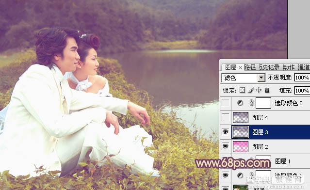Photoshop调出湖景婚片甜美的紫黄色8