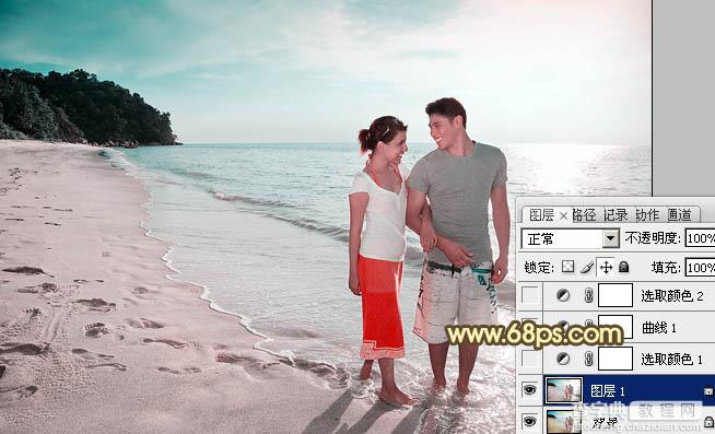 Photoshop将海滩情侣图片调成温馨的暖色调效果3