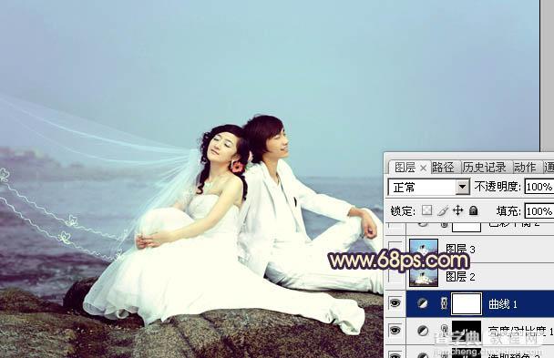 Photoshop将蓝色海景婚片调制出淡雅的青紫色效果18