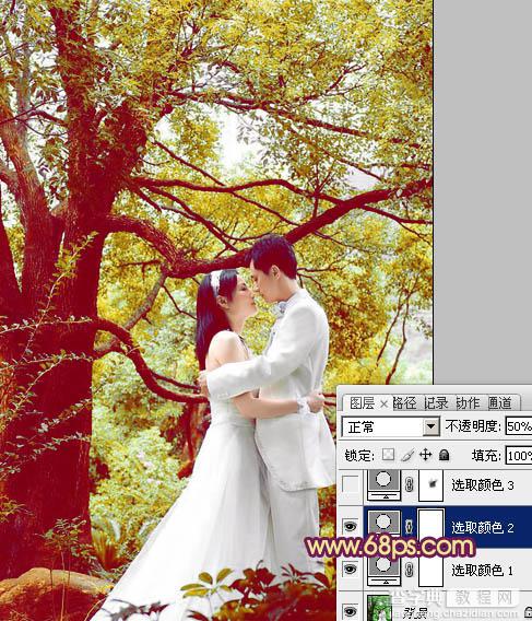 Photoshop将树林婚片增加上柔美的黄紫色效果8