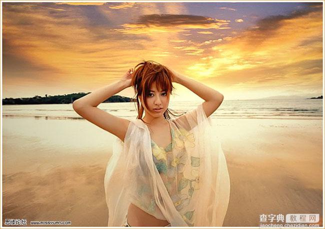 photoshop快速给海景人物照片加上绚丽的晚霞背景2