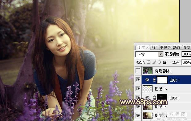 Photoshop将树林美女图片调成温馨的黄紫色30