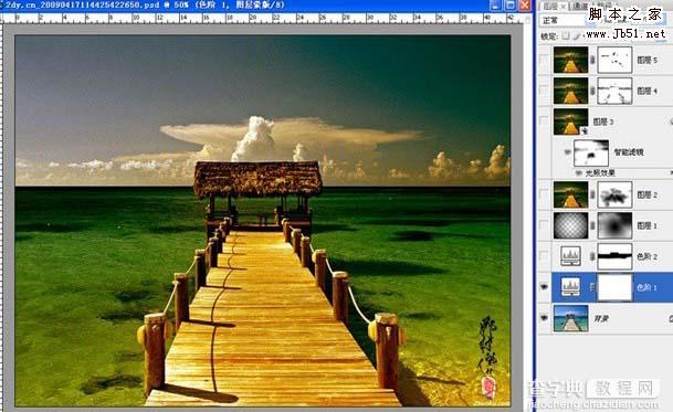 Photoshop 打造漂亮的暗调黄绿色海景图片4