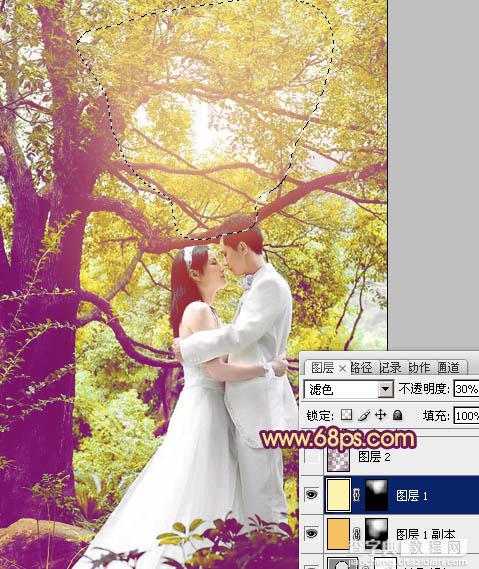 Photoshop将树林婚片增加上柔美的黄紫色效果15