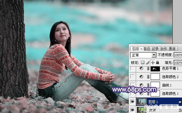 Photoshop为草地上的人物图片增加上梦幻的青紫色3