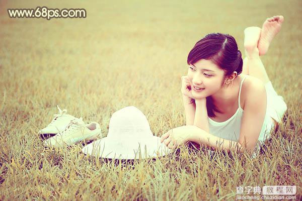 Photoshop为草地美女图片调制出柔和的粉黄色效果29