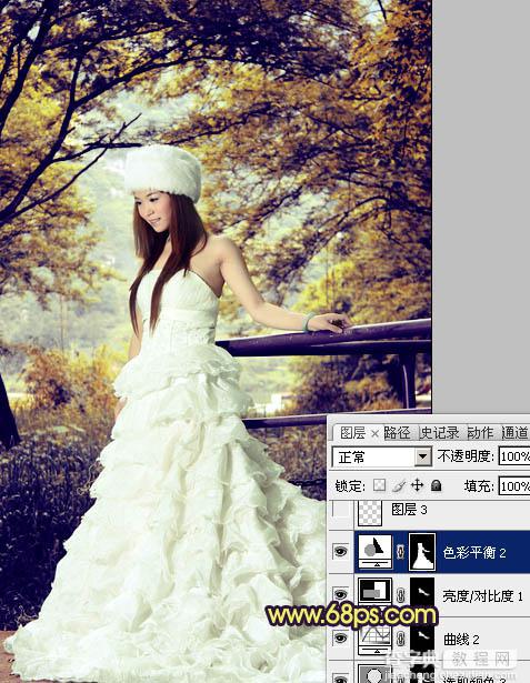 Photoshop将树林美女婚片调制成梦幻的黄蓝色29