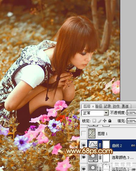 Photoshop为蹲在草地看花的美女图片增加上柔和的黄褐阳光色效果28