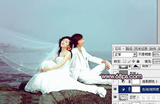 Photoshop将蓝色海景婚片调制出淡雅的青紫色效果27