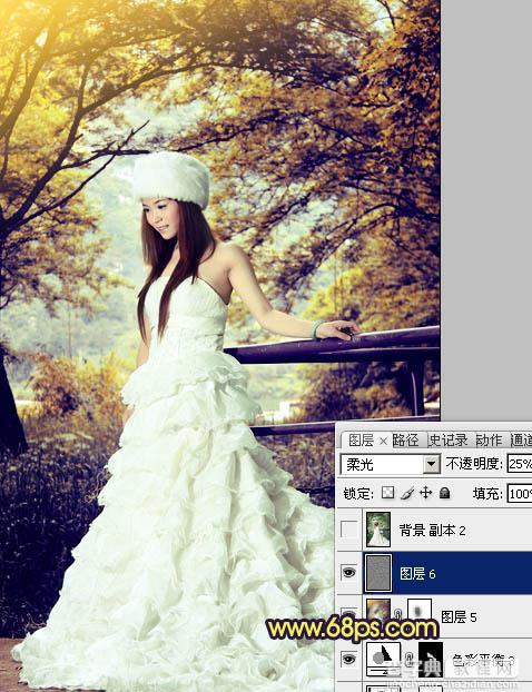 Photoshop将树林美女婚片调制成梦幻的黄蓝色38