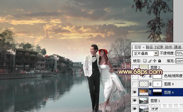 Photoshop将古镇婚片调制出漂亮的霞光色效果5