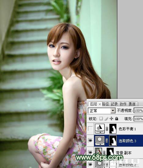 Photoshop将楼梯边美女图片调制出甜美的青绿色效果17